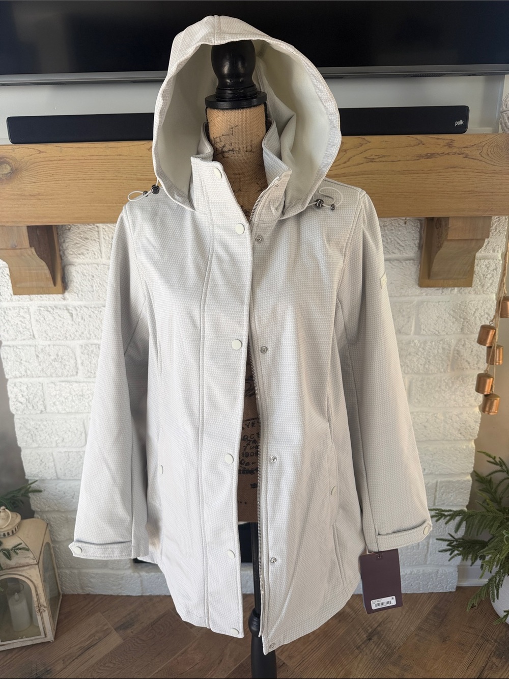 Women's Light Gray Hooded Trench Coat - Classic Waterproof Jacket